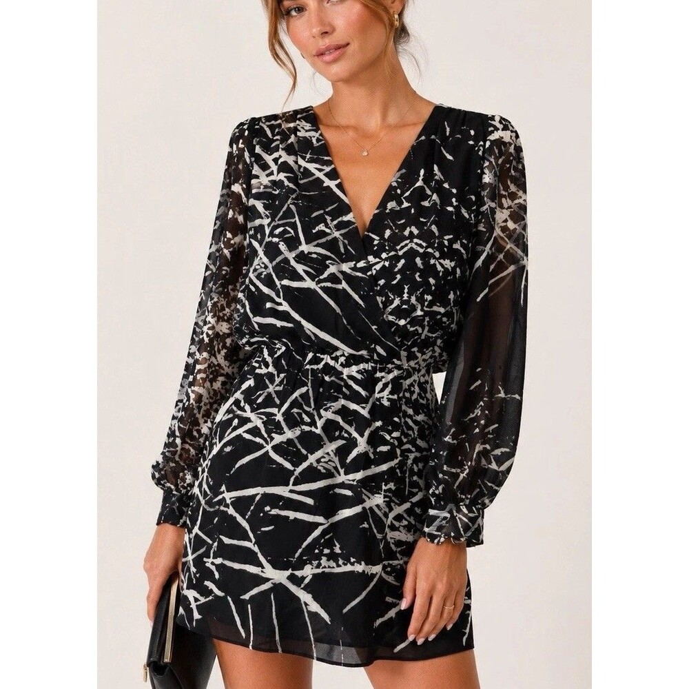 Parker Lila 100% Silk Long Sleeve Mini Dress Women Sz XS Patterned Black N White